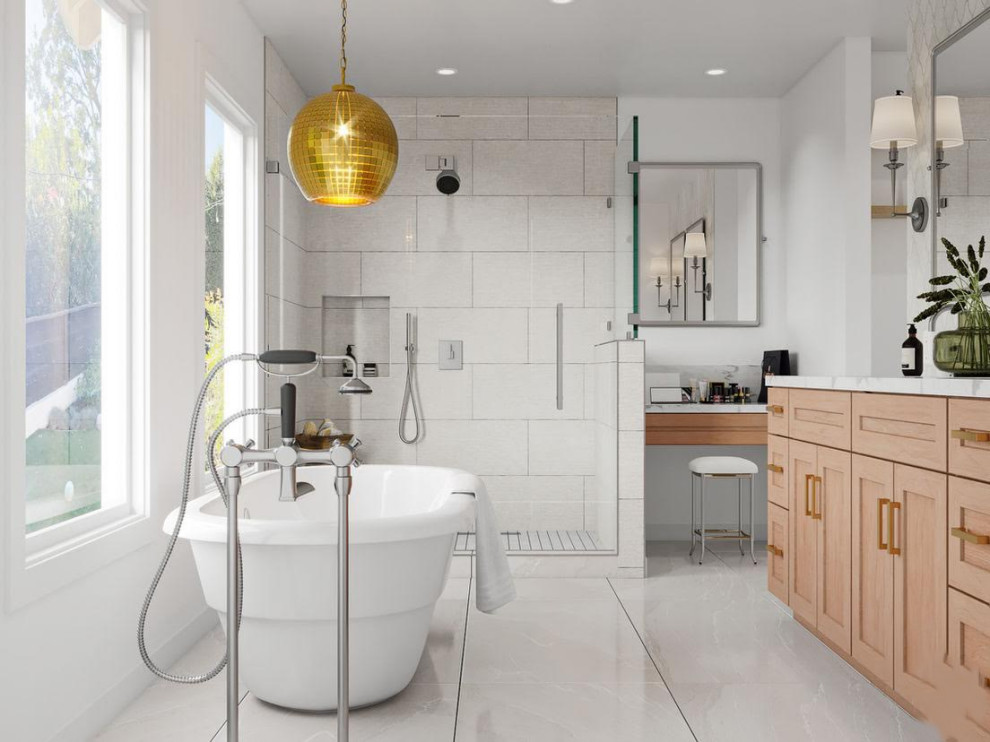 This is an example of a large modern master wet room bathroom in Los Angeles with shaker cabinets, brown cabinets, a freestanding tub, a one-piece toilet, white tile, marble, porcelain floors, an integrated sink, granite benchtops, white floor, a hinged shower door, white benchtops, a shower seat, a double vanity, a built-in vanity, vaulted and white walls.