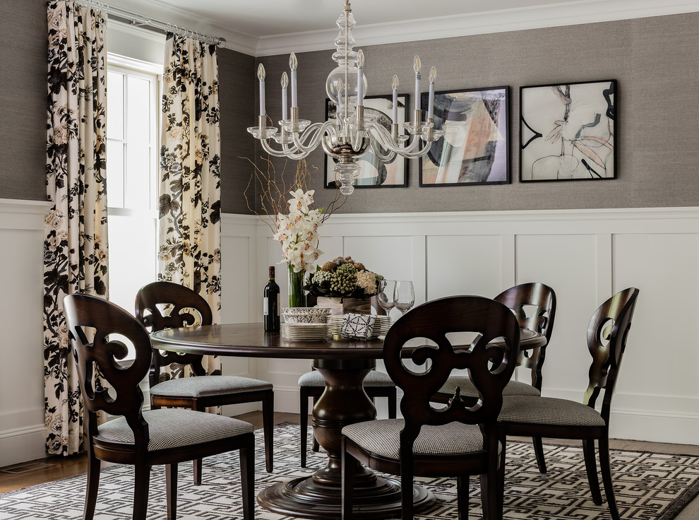 Dining room - transitional dark wood floor dining room idea in Boston with gray walls and no fireplace