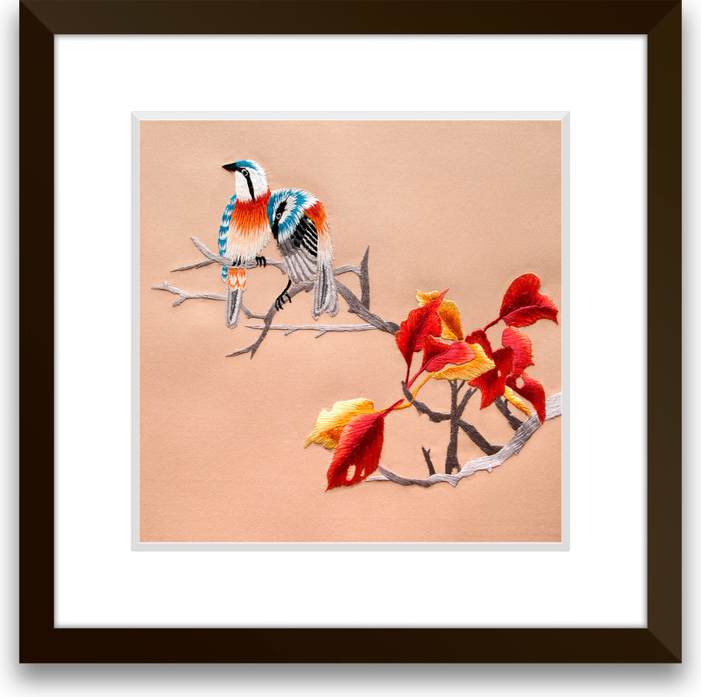 Sunbirds on Autumn Leaves - Hand Designed Silk Art, Silk Embroidery