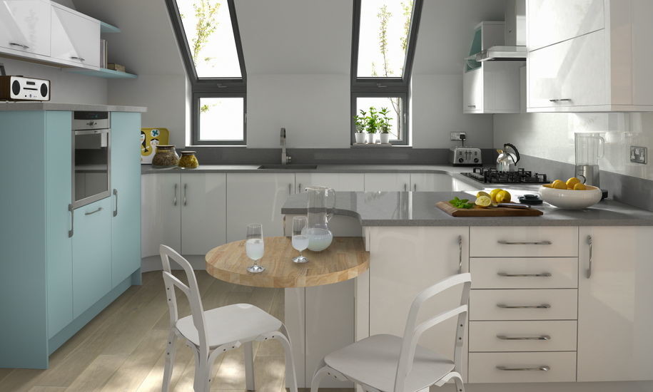 Inspiration for a large contemporary u-shaped eat-in kitchen in Surrey with an undermount sink, flat-panel cabinets, blue cabinets, quartzite benchtops, white splashback, stainless steel appliances, light hardwood floors, a peninsula and stone slab splashback.