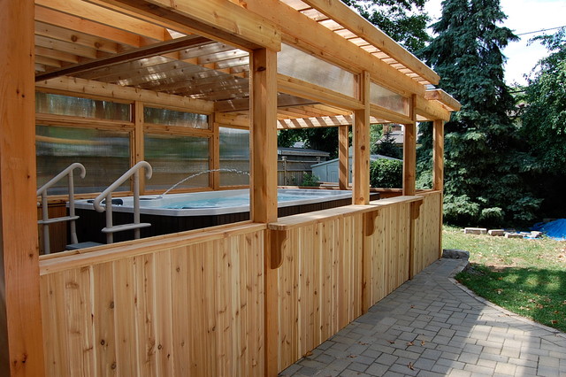 Enclosed Cedar Pergola for Outdoor Swim Spa - Traditional ...