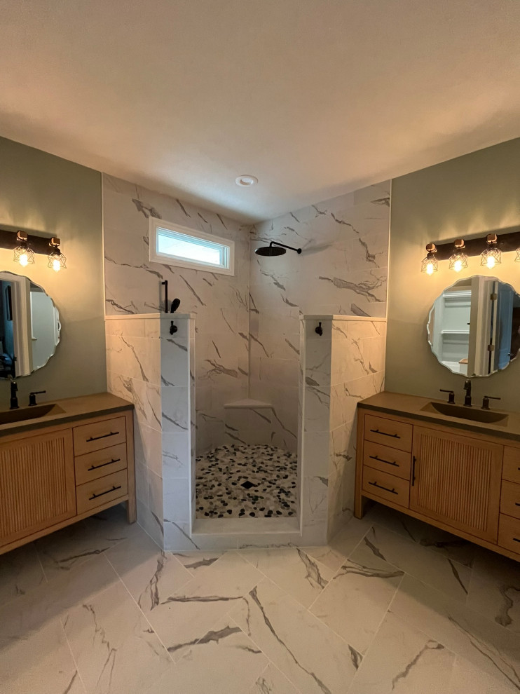 Modern Bathroom with Dual Vanities and Walk-In Shower