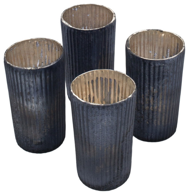 Tall Platinum Ribbed Votive Holder, Set of 4 Transitional