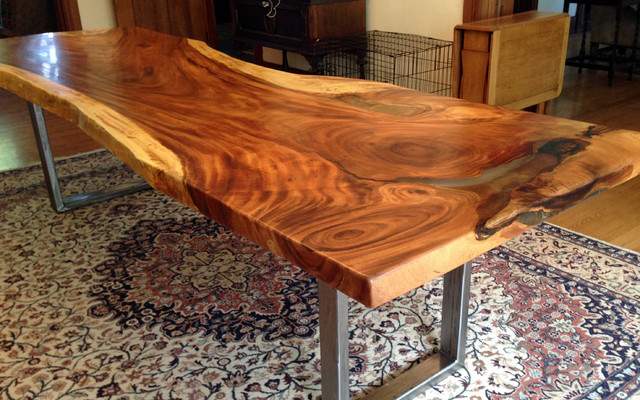 Natural / Live Edge Monkeypod Wood Dining Table with Custom Steel Legs