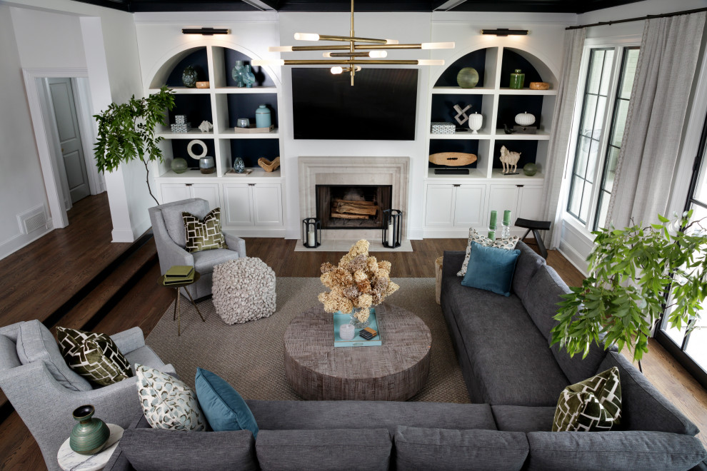Inspiration for a mid-sized transitional formal open concept living room in Atlanta with white walls, medium hardwood floors, a standard fireplace, a stone fireplace surround, a wall-mounted tv, brown floor and coffered.