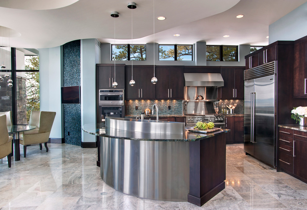Photo of a large contemporary l-shaped eat-in kitchen in Denver with flat-panel cabinets, dark wood cabinets, stainless steel appliances, with island, metallic splashback and matchstick tile splashback.
