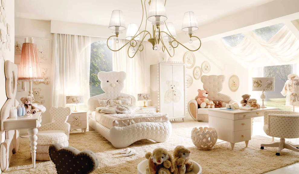 Design ideas for a large modern kids' bedroom for kids 4-10 years old and boys in London with white walls and carpet.