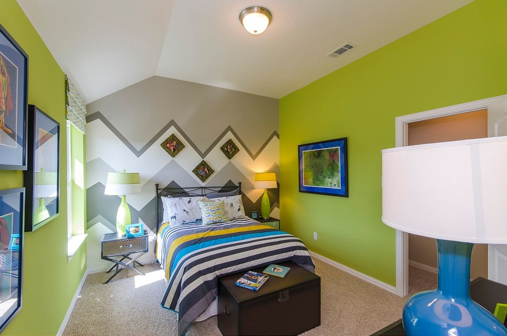 Inspiration for a transitional kids' room for boys in Dallas with carpet and multi-coloured walls.