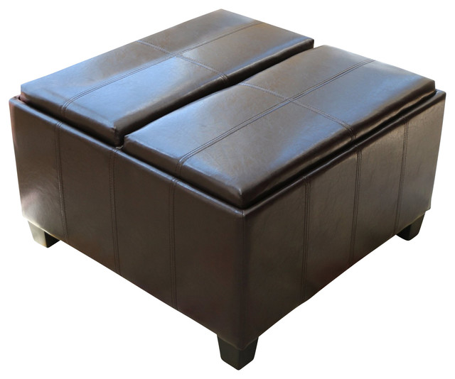 Top Tray Storage Ottoman, Leather Transitional Footstools And