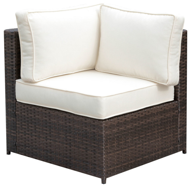 Faux Rattan Corner Chair With 1 Seat And 2 Back Cushions Brown And