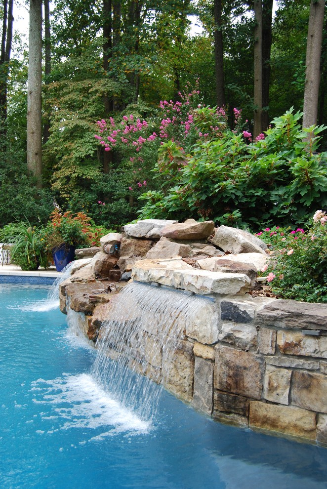 Mid-sized traditional backyard custom-shaped natural pool in DC Metro with a water feature and natural stone pavers.