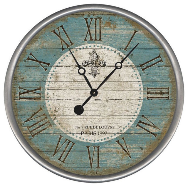 15" Vintage Teal Fleur de Lis Parisian Wall Clock Farmhouse Wall