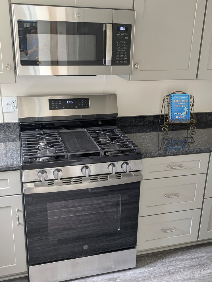 Example of a small transitional l-shaped gray floor enclosed kitchen design with a single-bowl sink, flat-panel cabinets, gray cabinets, granite countertops, stainless steel appliances and black countertops