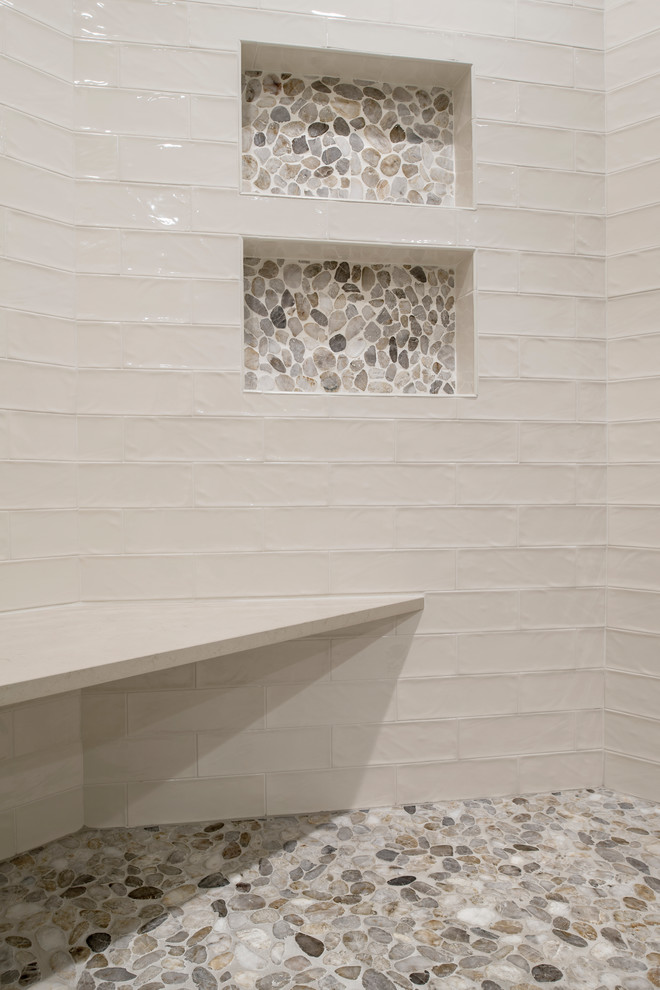 Example of a transitional beige tile porcelain tile and beige floor walk-in shower design in DC Metro with shaker cabinets, dark wood cabinets, an undermount tub, beige walls, an undermount sink, quartz countertops and beige countertops