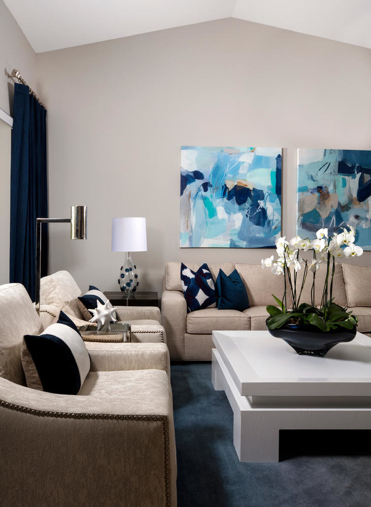 Photo of a mid-sized contemporary open concept living room in Miami with grey walls, carpet, a wall-mounted tv and blue floor.
