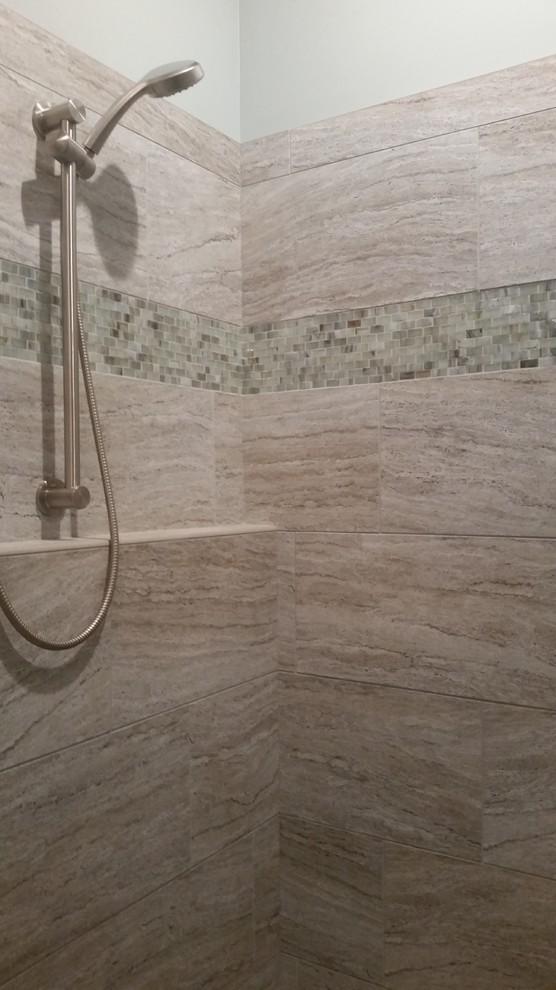Inspiration for a large transitional master multicolored tile and porcelain tile bathroom remodel with flat-panel cabinets, gray cabinets, blue walls, an undermount sink and quartz countertops