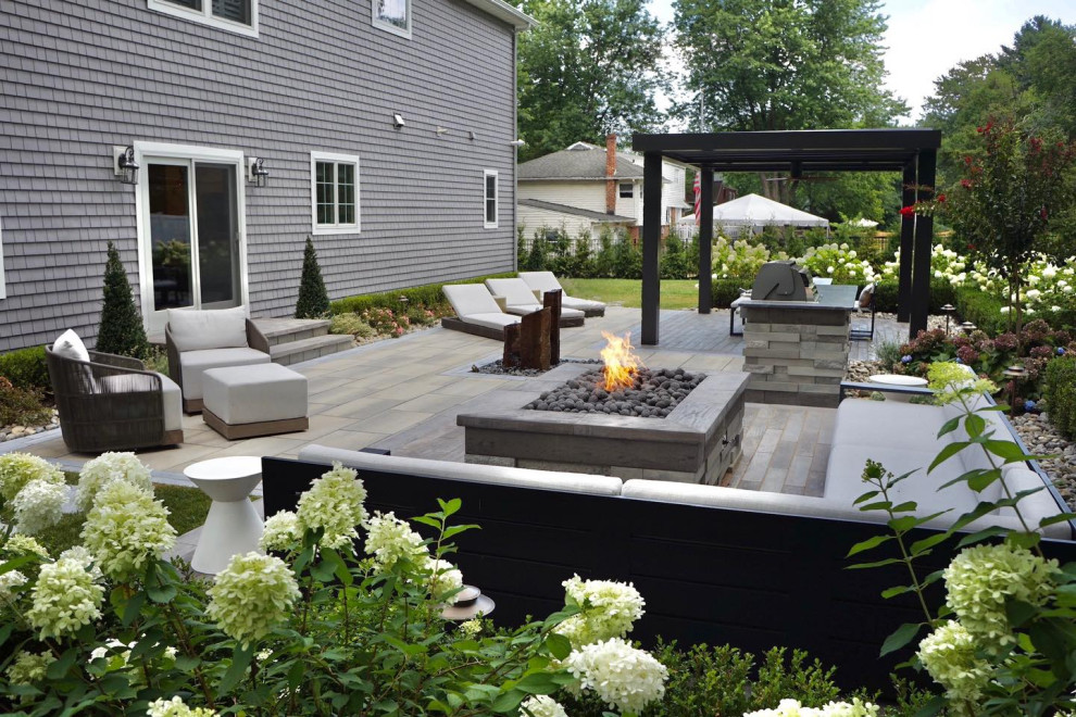 Rumson, NJ: Contemporary Patio with Pergola, Firepit & Kitchen