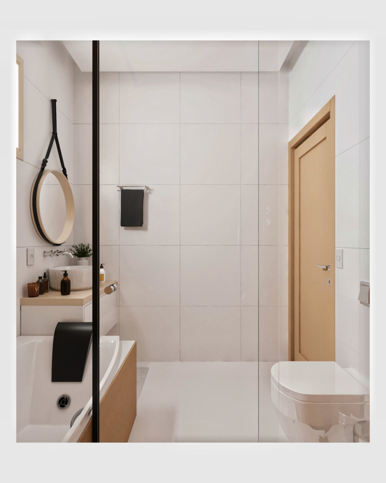 Photo of a small contemporary 3/4 bathroom in Other with beige cabinets, white tile, ceramic tile, white walls, ceramic floors, granite benchtops, white floor, a sliding shower screen, beige benchtops, a single vanity and coffered.