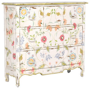 Tall Three Drawer Chest, White Floral