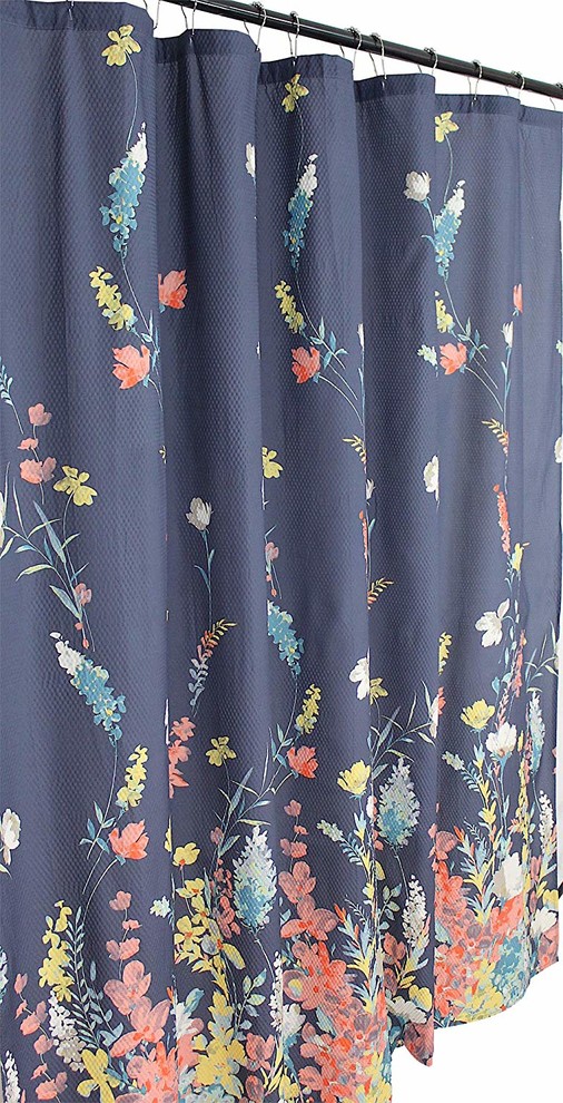 Navy White Fabric Shower Curtain Elegant Floral Design Contemporary