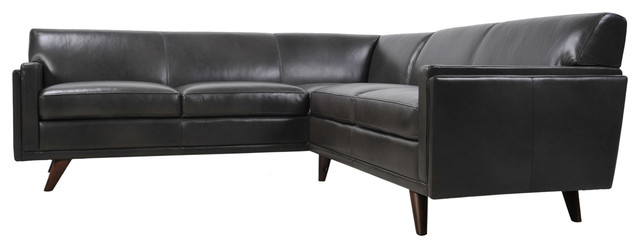 Milo Full Leather Mid-Century Corner Sofa Sectional, Charcoal