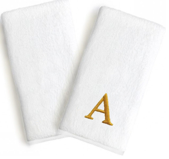 Monogrammed Luxury Novelty Hand Towels, Set of 2, Bookman Font, Gold, B