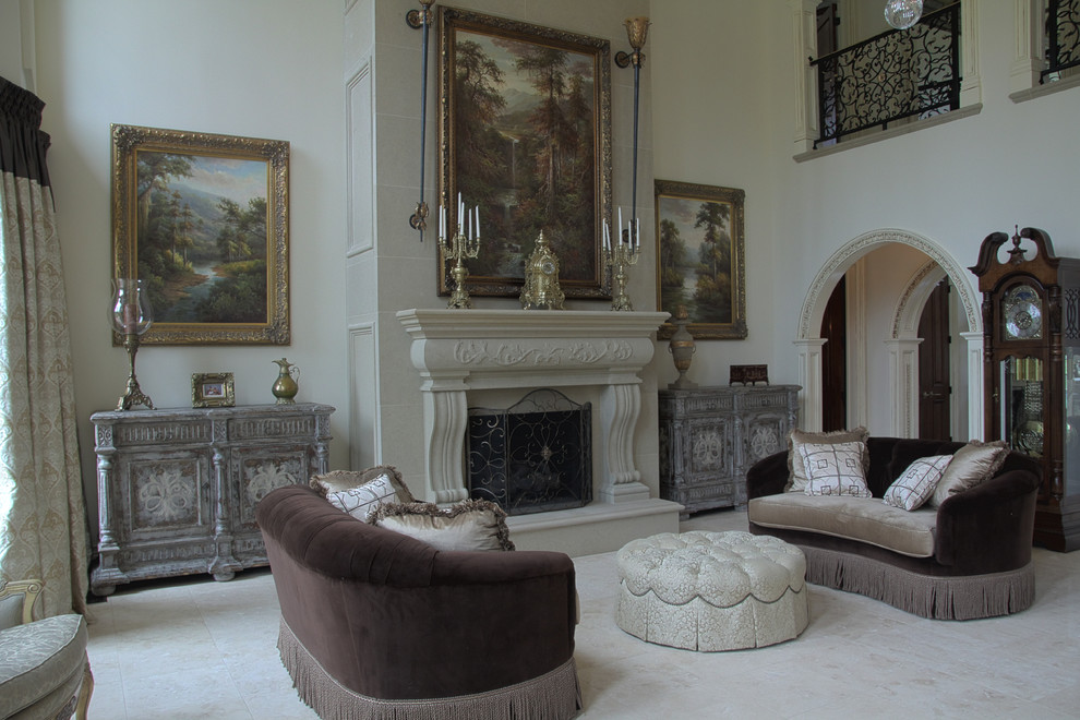 This is an example of a large traditional formal enclosed living room in Other with white walls, limestone floors, a standard fireplace, a stone fireplace surround, no tv and beige floor.