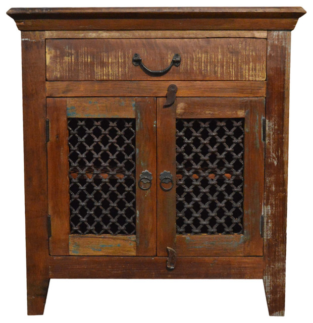 Reclaimed  Rustic Floor Storage Cabinet Table with Iron Grill