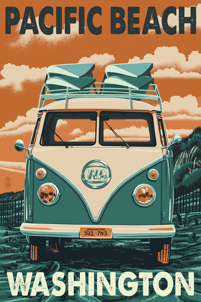 "Pacific Beach, Washington, VW Van Letterpress" Print, 12"x18"