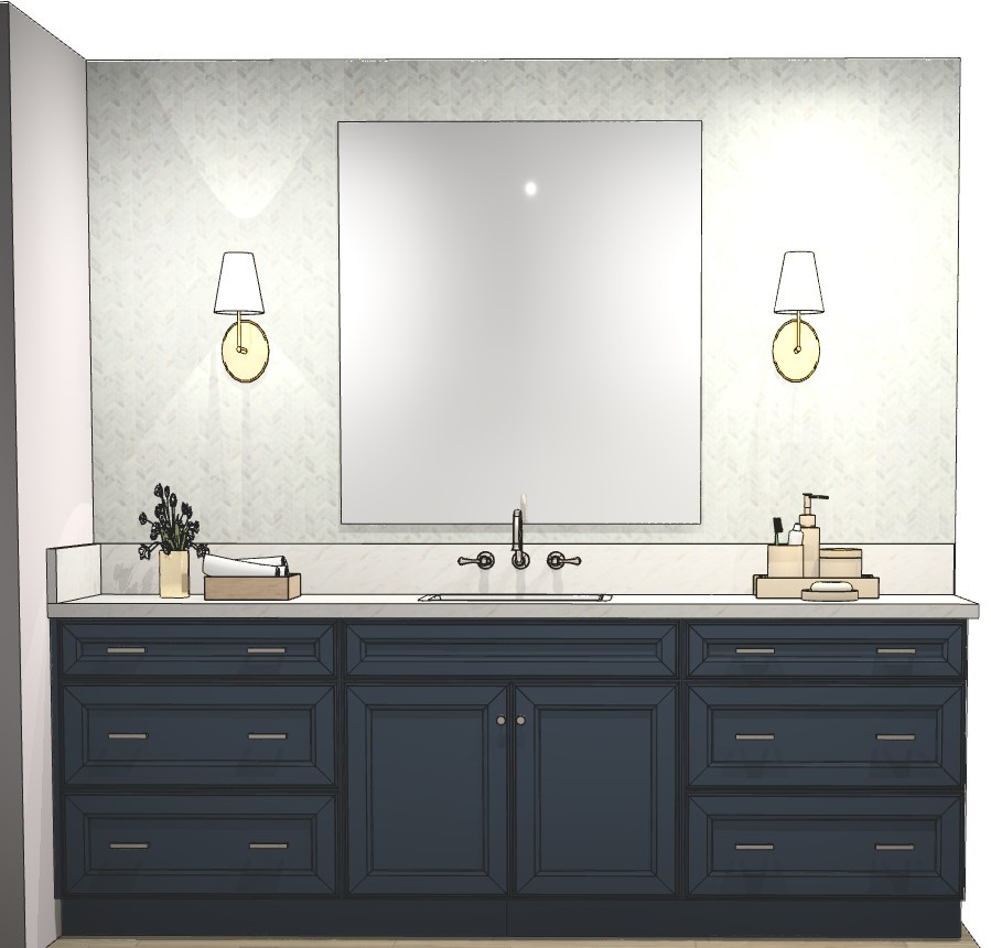 Design ideas for a medium sized ensuite bathroom in Atlanta with recessed-panel cabinets, grey cabinets, white tiles, ceramic tiles, engineered stone worktops, white worktops, a single sink and a built in vanity unit.