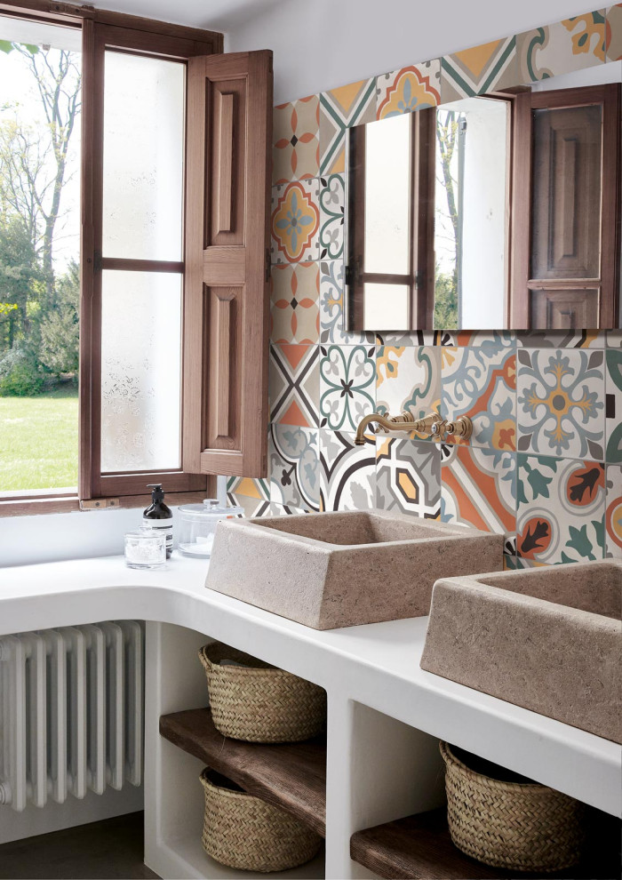 Inspiration for a mediterranean bathroom in Bologna with open cabinets, white cabinets, white walls, a vessel sink, white benchtops, a double vanity and a built-in vanity.