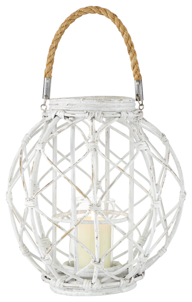 Large Woven Rattan White Lantern w/ Burlap Jute Rope Handle & Glass Insert
