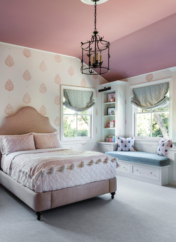 Kids' room - mid-sized transitional girl carpeted and gray floor kids' room idea in San Francisco with multicolored walls