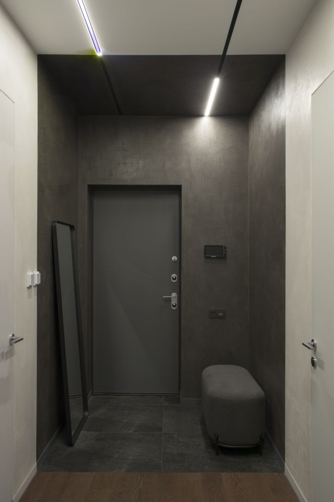 На фото: прихожая в современном стиле с серыми стенами и одностворчатой входной дверью с