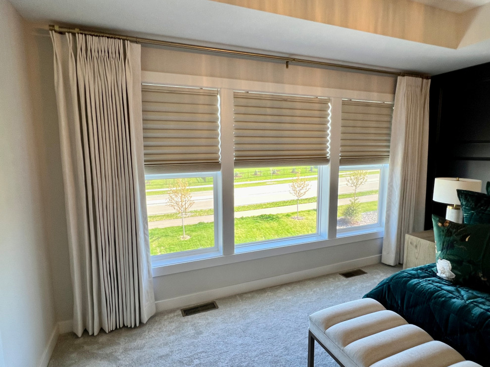 Double French Pleated, Blackout Drapery Panels with Blackout Cellular Shades