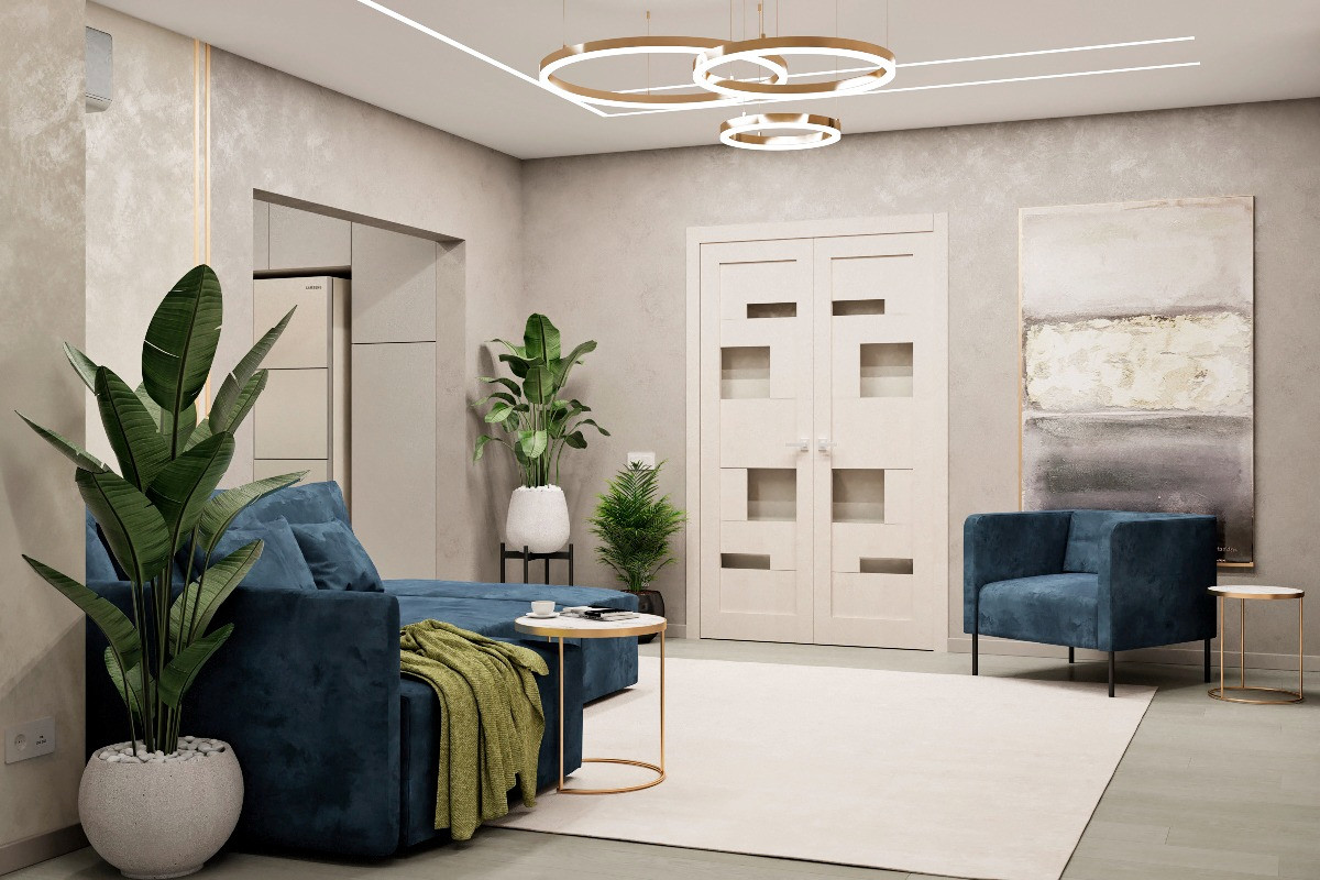 Уютная кухня-гостиная с камином