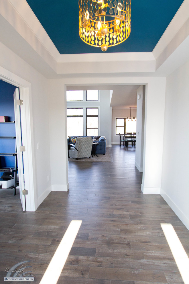 Example of a mid-sized transitional medium tone wood floor, brown floor and tray ceiling front door design with white walls