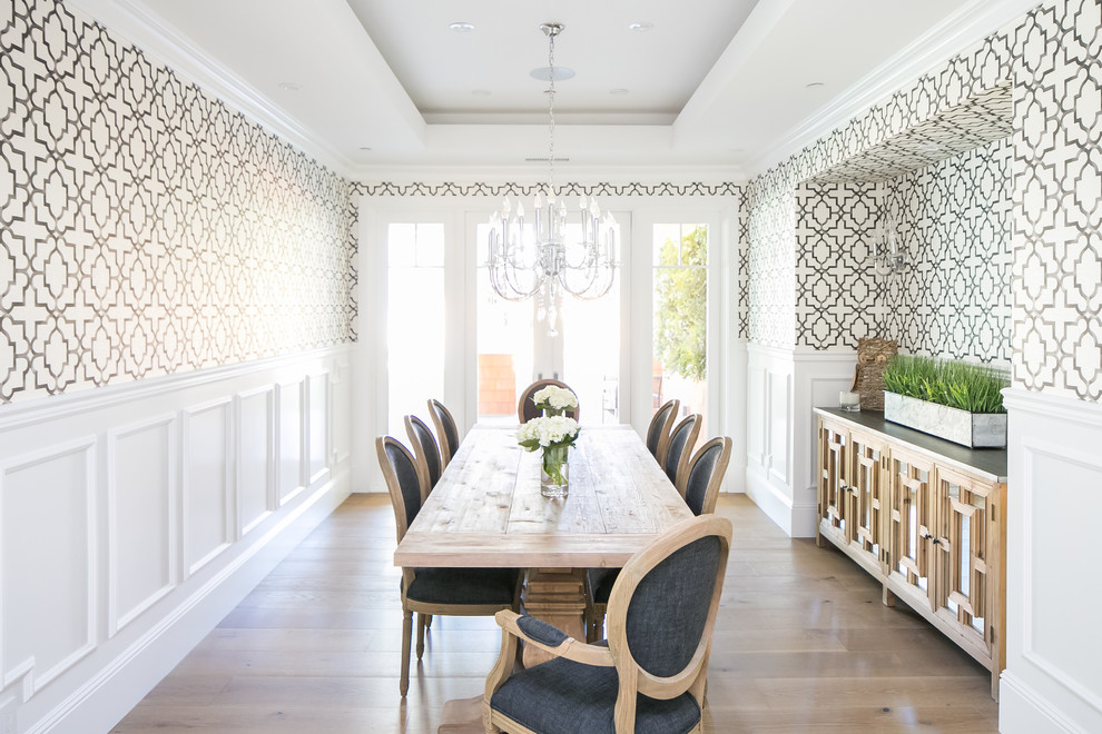 Inspiration for a transitional separate dining room in Orange County with multi-coloured walls, light hardwood floors, no fireplace and beige floor.