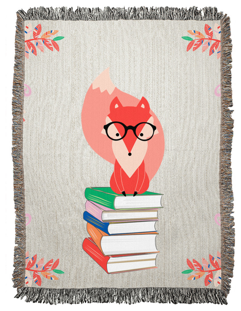 Fox and Books Woven Blanket, 60x80