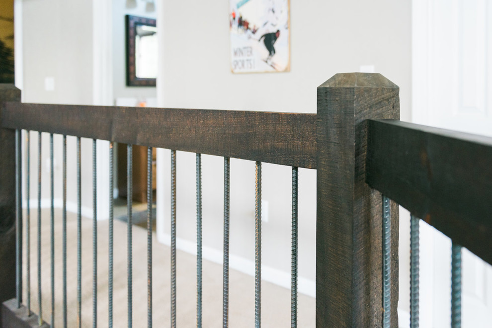 Mid-sized transitional carpeted and beige floor hallway photo with gray walls