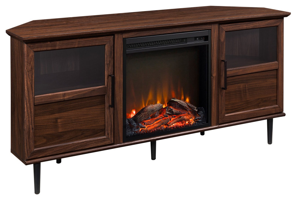 Modern TV Console, Fireplace and Unique Wooden/Glass Doors Midcentury Entertainment