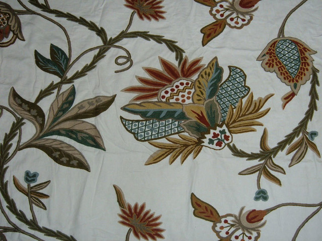 Crewel Fabric Flora Multi Color on White Cotton
