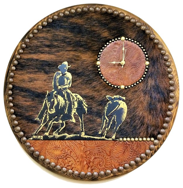 Embossed Leather & Cowhide Clock Southwestern Wall Clocks by Your