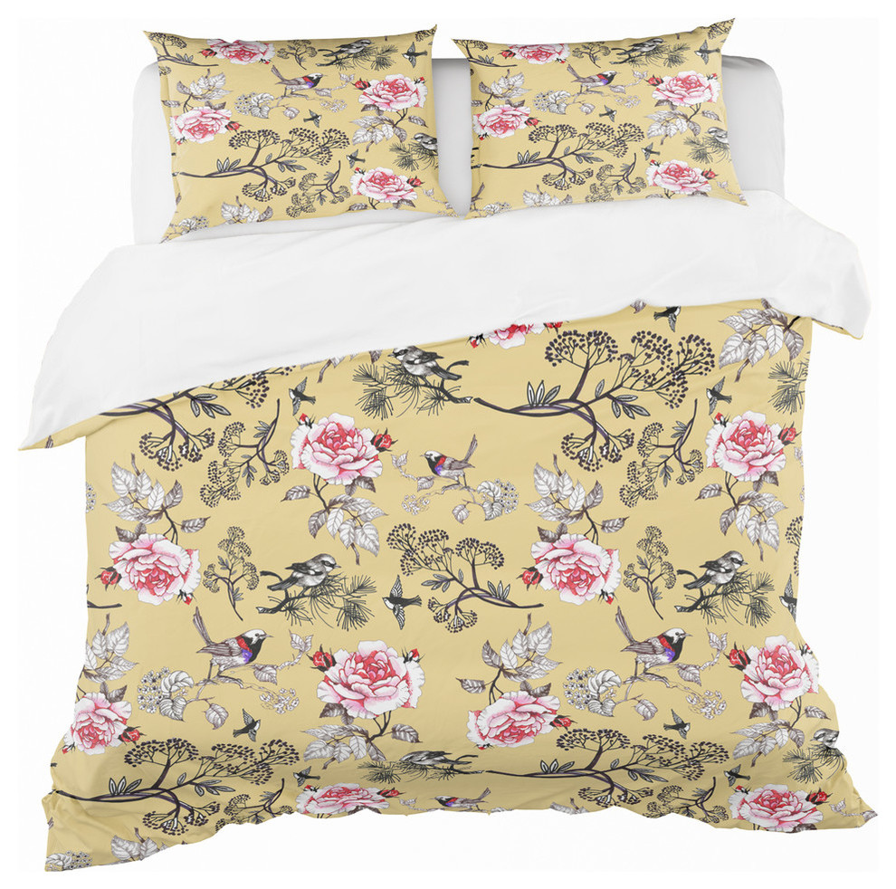 Birds and Pink Roses Floral Pattern Modern Duvet Cover Set, King + 2