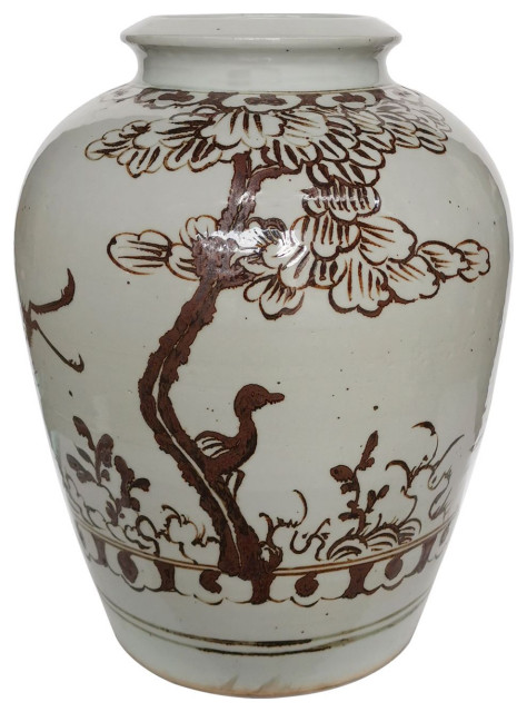 Legend of Asia Rusty Brown Jar With Bird Under Tree 1568 - Contemporary ...