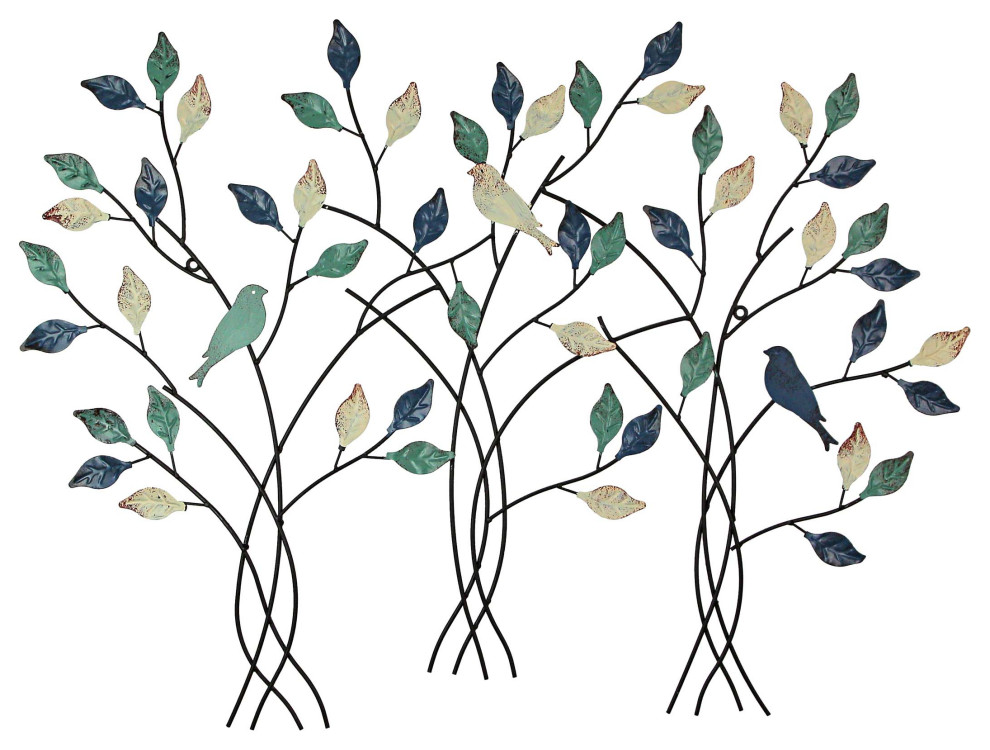 32 Inch Tri Color Metal Triple Tree Bird Wall Art Hanging Sculpture Home Decor Contemporary