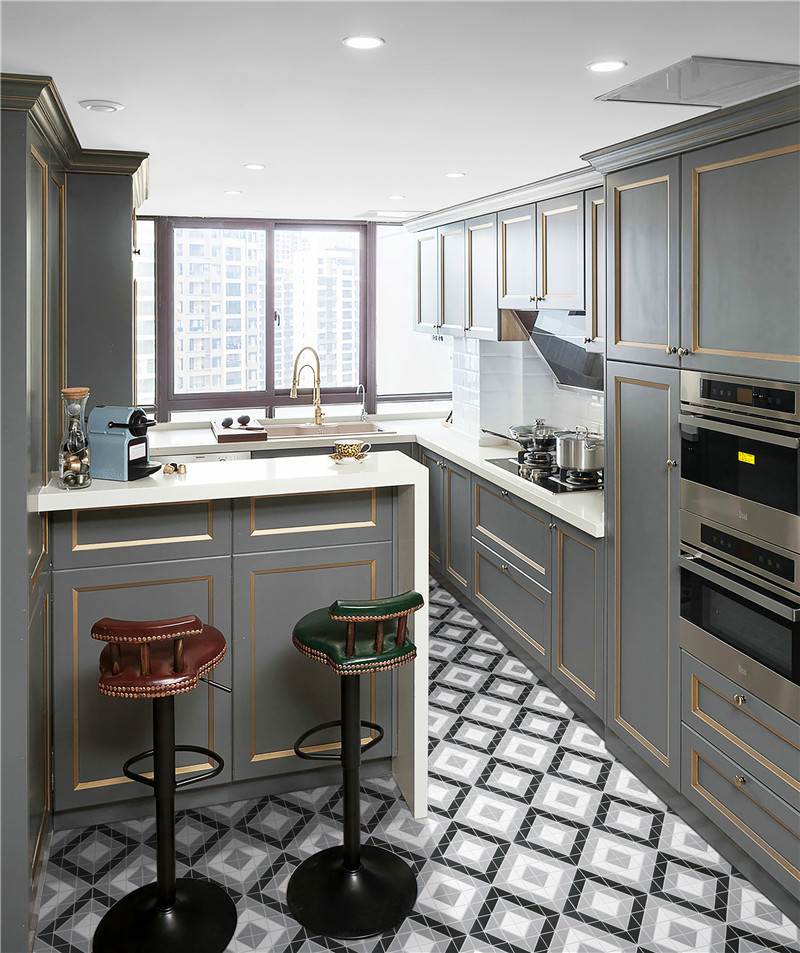 Design ideas for a transitional open plan kitchen in Orange County with porcelain floors and multi-coloured floor.
