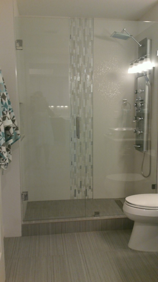 Mid-sized transitional 3/4 beige tile, gray tile, white tile and matchstick tile porcelain tile alcove shower photo in Orange County with white walls