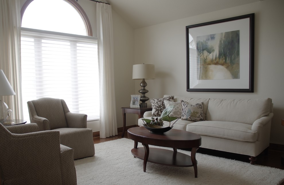 Inspiration for a mid-sized transitional formal and enclosed dark wood floor living room remodel with white walls, no fireplace and no tv