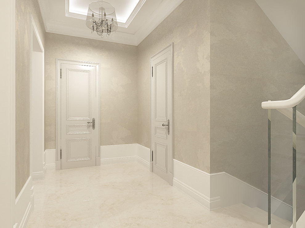 Кухня и гостиная в светлых тонах с сиреневыми акцентами